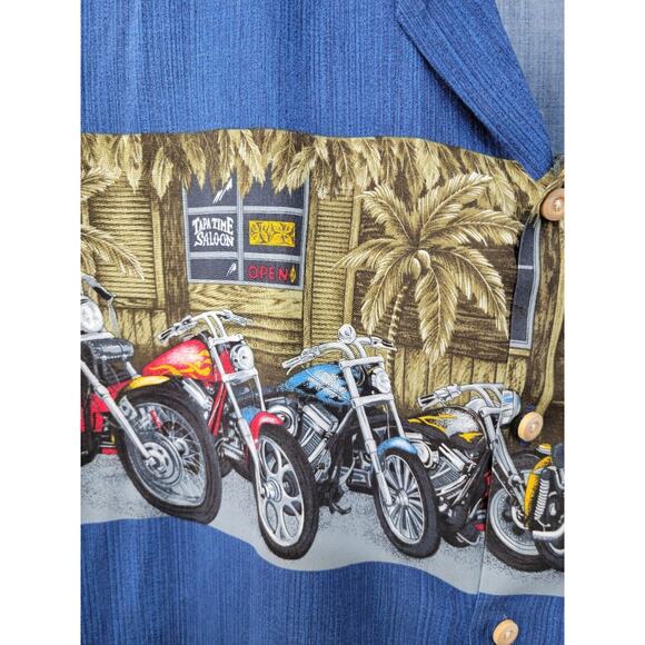 Vintage Paradise Found Tiki Tavern Aloha Hawaiian Camp Shirt Blue XL Motorcycle - Picture 4 of 9